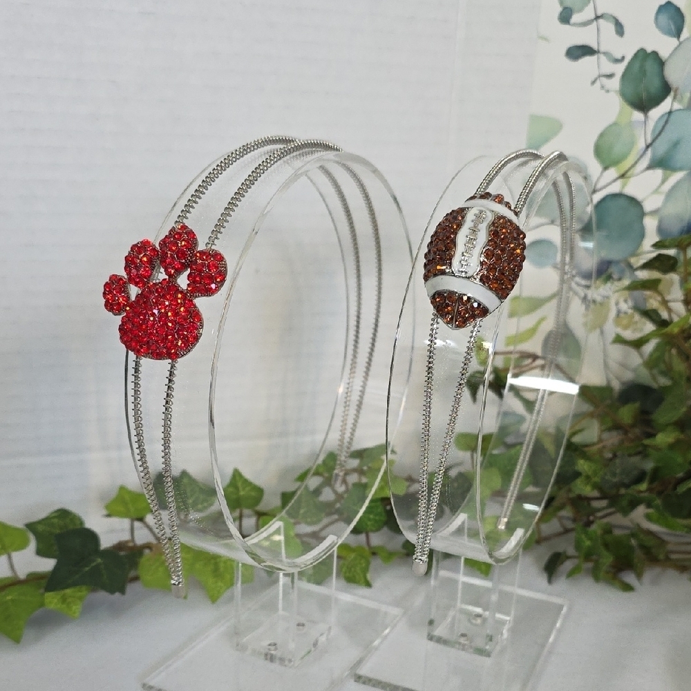Silver Headband with Bling Rhinestone Football Or Red Paw Print Charm - Picture 3 of 6